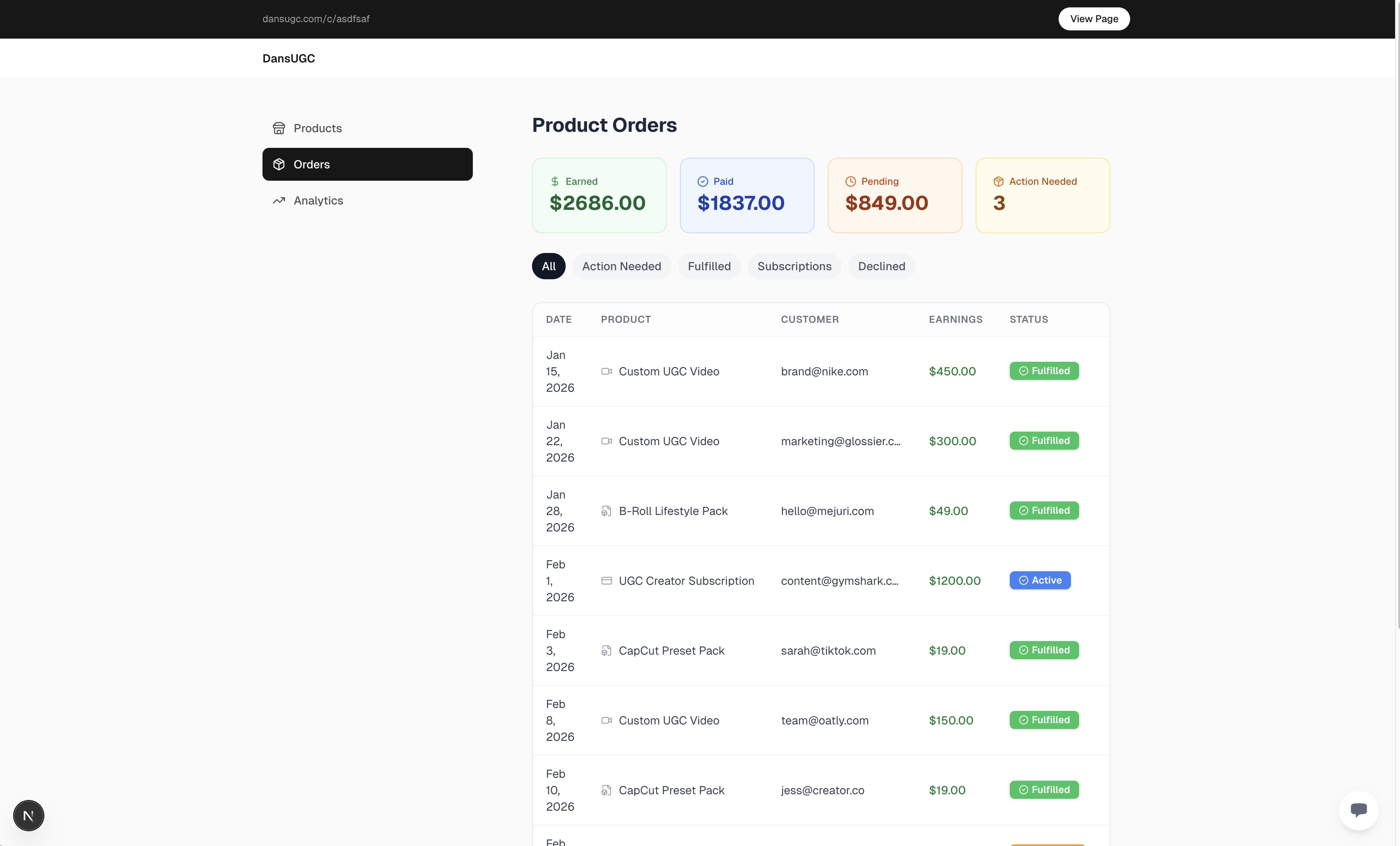DansUGC creator studio orders view
